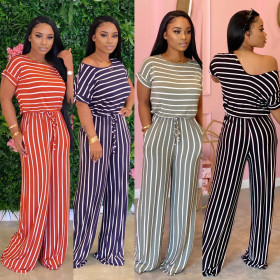 Sexy women's loose printed striped jumpsuit cl6042