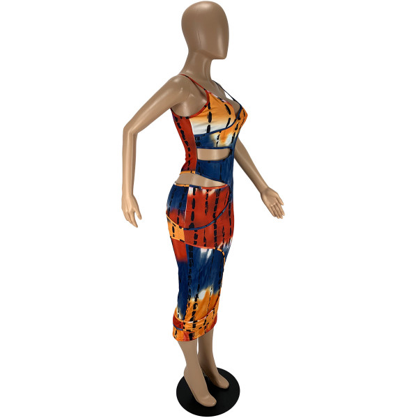 Sexy fashionable hollow stained printed cotton dress LY9304
