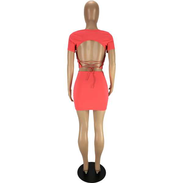 Fashion sexy solid color tight-fitting halter strap two-piece suit LY9301