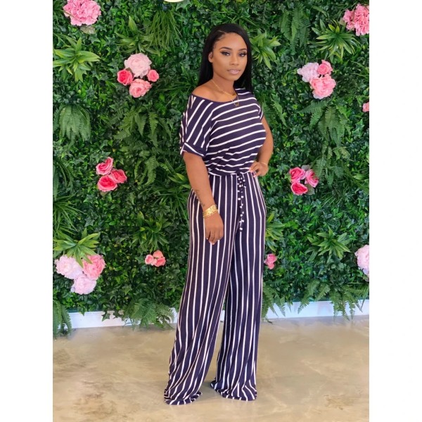 Sexy women's loose printed striped jumpsuit cl6042