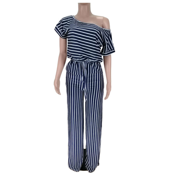 Sexy women's loose printed striped jumpsuit cl6042