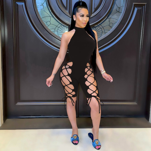Fashion casual sexy solid color trousers slits with halter neck halter slim-fit jumpsuit SM9168