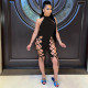 Fashion casual sexy solid color trousers slits with halter neck halter slim-fit jumpsuit SM9168