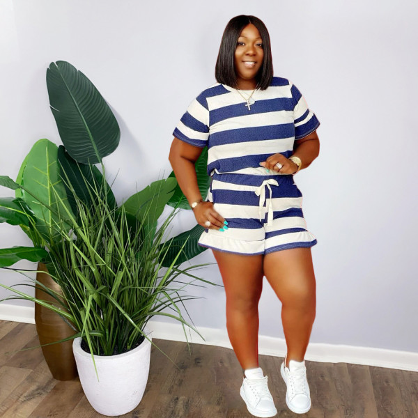 Striped printed loose wood ears casual short-sleeved T-shirt set HM6519