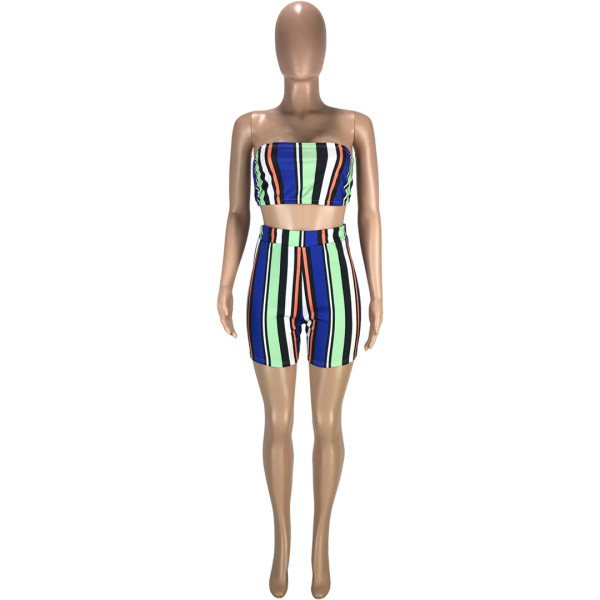 Fashion casual sexy striped print nightclub style slim tube top shorts two-piece set SM9167