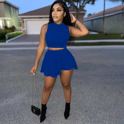 Fashion leisure sexy solid color waistless round neck slim-fitting vest personality shorts two-piece suit SM9188