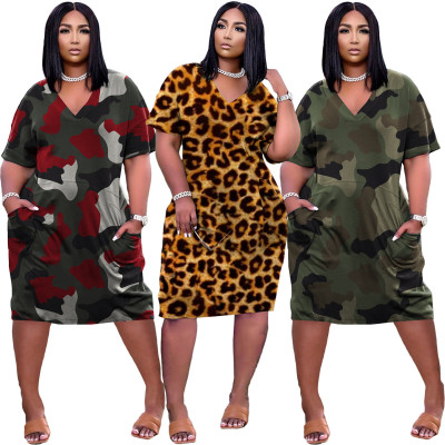 Sexy loose camouflage print V-neck casual dress TK6159