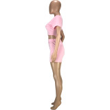 Fashion casual solid color round neck waistless slim short-sleeved T-shirt shorts sports two-piece suit SM9170