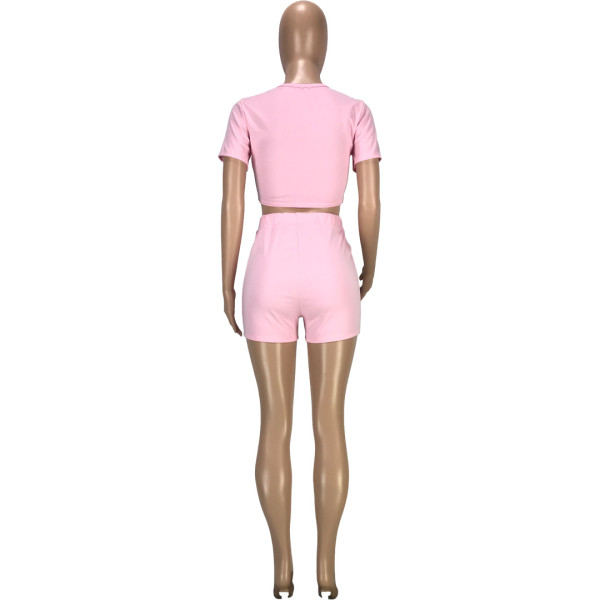 Fashion casual solid color round neck waistless slim short-sleeved T-shirt shorts sports two-piece suit SM9170