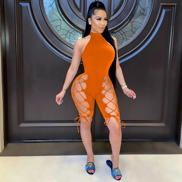 Fashion casual sexy solid color trousers slits with halter neck halter slim-fit jumpsuit SM9168