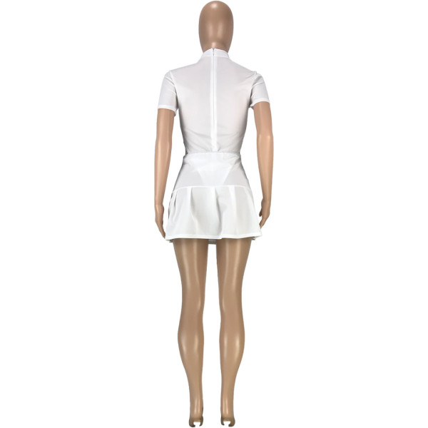 Fashion casual sexy solid color invisible zipper slim fit one-piece pleated skirt two-piece suit SM9176
