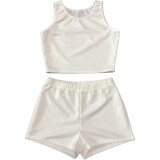 Fashion casual solid color pit strip round neck waist slim slim vest shorts sports two-piece suit SM9179