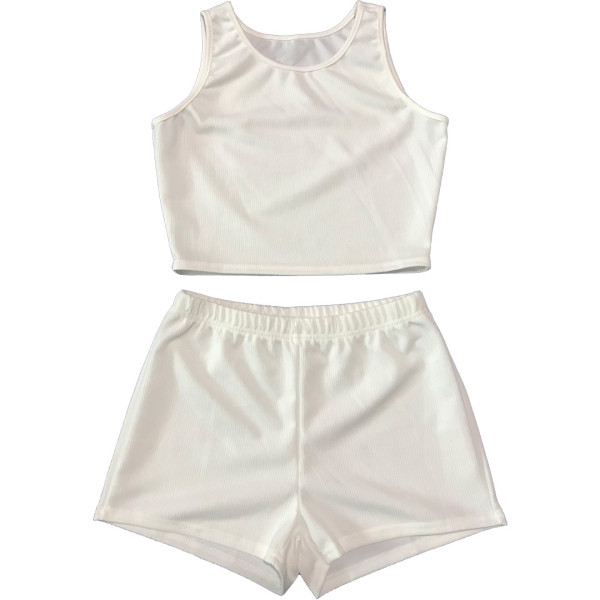 Fashion casual solid color pit strip round neck waist slim slim vest shorts sports two-piece suit SM9179