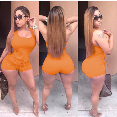 Casual solid color waist tie pocket loose vest jumpsuit shorts SM9171
