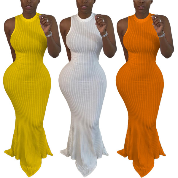 Pure color sexy pit fishtail dress TK6099
