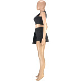 Fashion leisure sexy solid color waistless round neck slim-fitting vest personality shorts two-piece suit SM9188