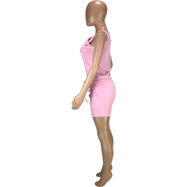 Casual solid color waist tie pocket loose vest jumpsuit shorts SM9171