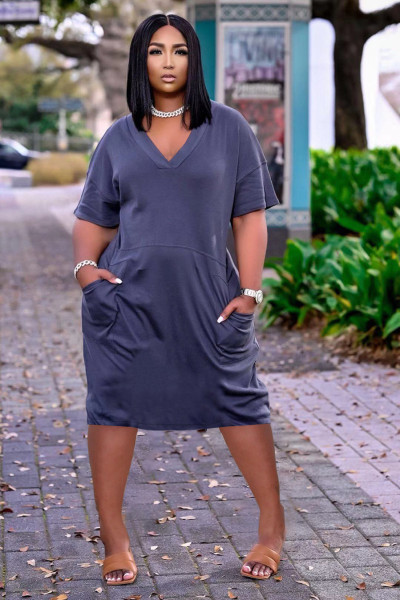 Sexy loose solid color V-neck casual dress TK6153