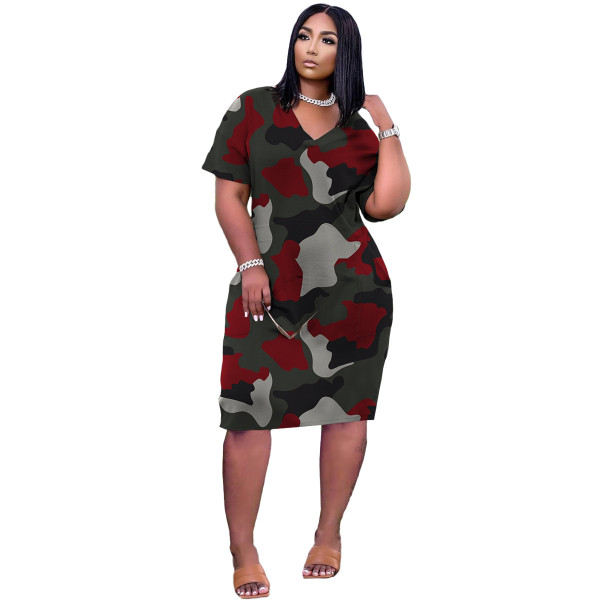 Sexy loose camouflage print V-neck casual dress TK6159