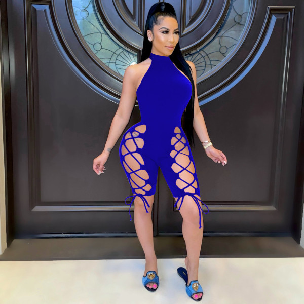 Fashion casual sexy solid color trousers slits with halter neck halter slim-fit jumpsuit SM9168