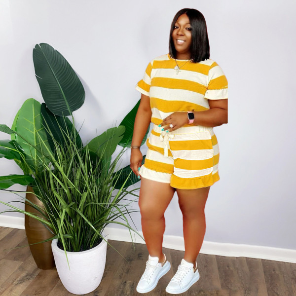 Striped printed loose wood ears casual short-sleeved T-shirt set HM6519