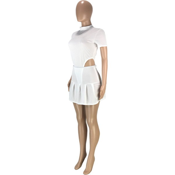 Fashion casual sexy solid color invisible zipper slim fit one-piece pleated skirt two-piece suit SM9176