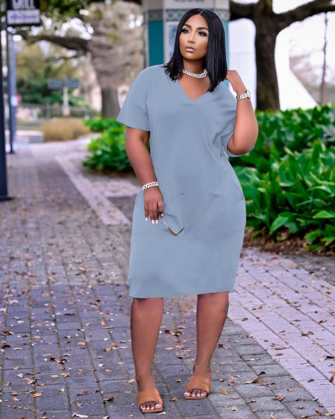 Sexy loose solid color V-neck casual dress TK6153