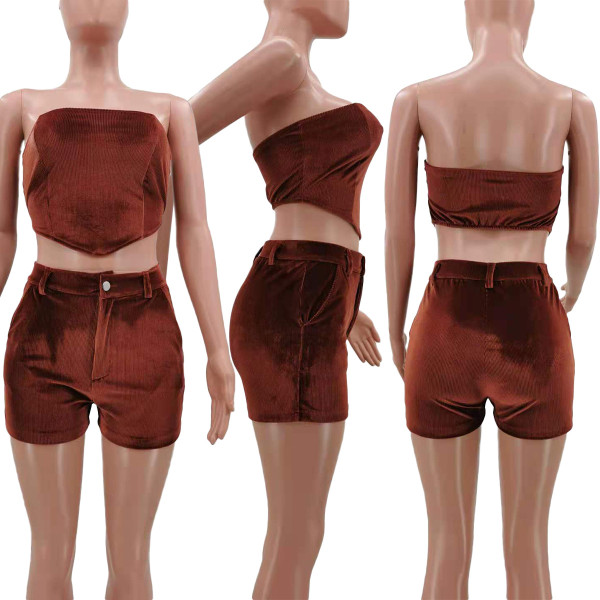 Two-piece solid color sexy wrapped chest shorts suit TK6179