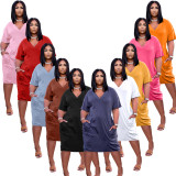 Sexy loose solid color V-neck casual dress TK6153
