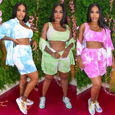 Three-piece casual sports suit with gradient print loose shorts HM6526