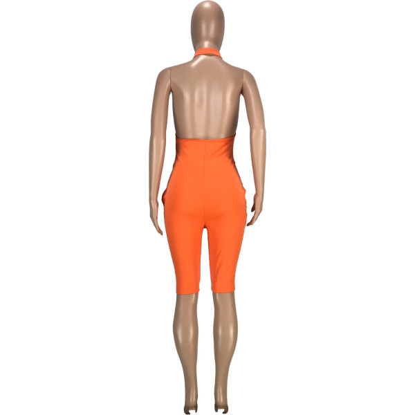Fashion casual sexy solid color trousers slits with halter neck halter slim-fit jumpsuit SM9168