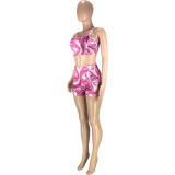 Fashion casual sexy solid color printed slim-fit shoulder strap vest shorts two-piece set SM9189