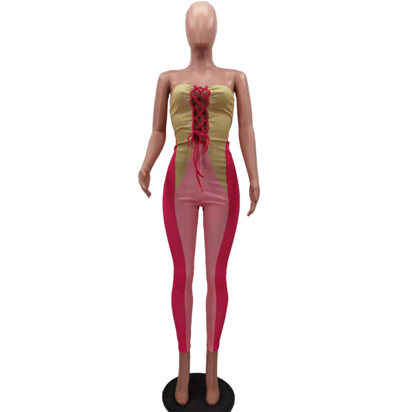 Fashion casual positioning printing stitching tube top strap jumpsuit HM6505