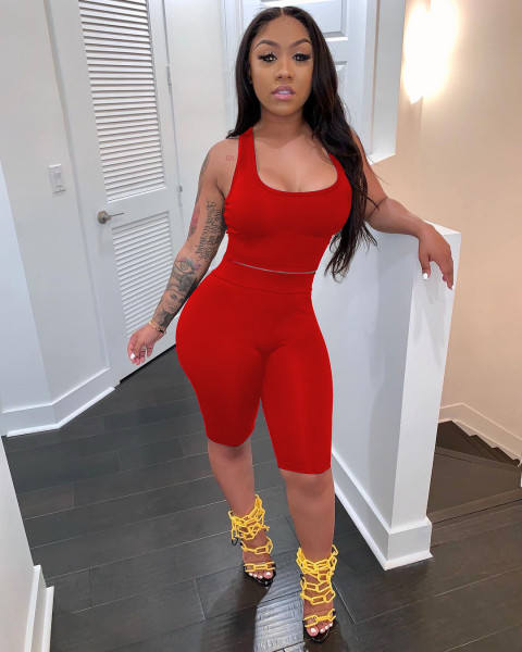 Women's fashion casual solid color tank top shorts slim sports two-piece suit SM9138