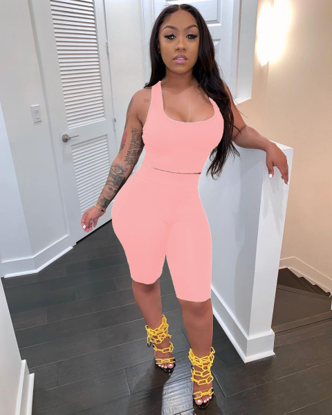 Women's fashion casual solid color tank top shorts slim sports two-piece suit SM9138