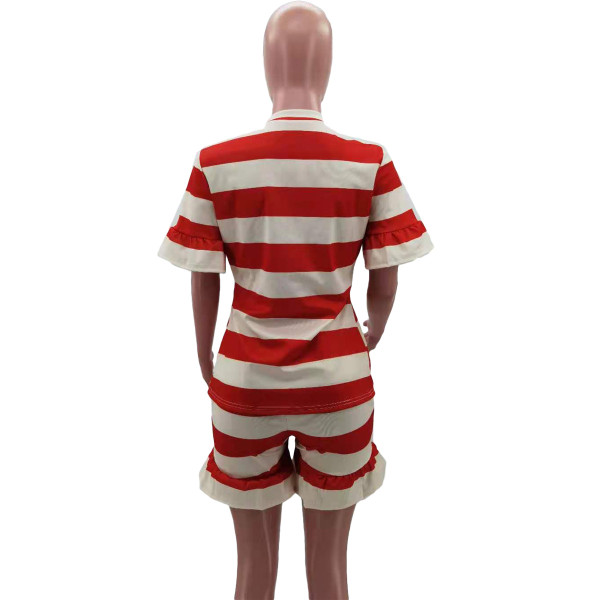 Striped printed loose wood ears casual short-sleeved T-shirt set HM6519