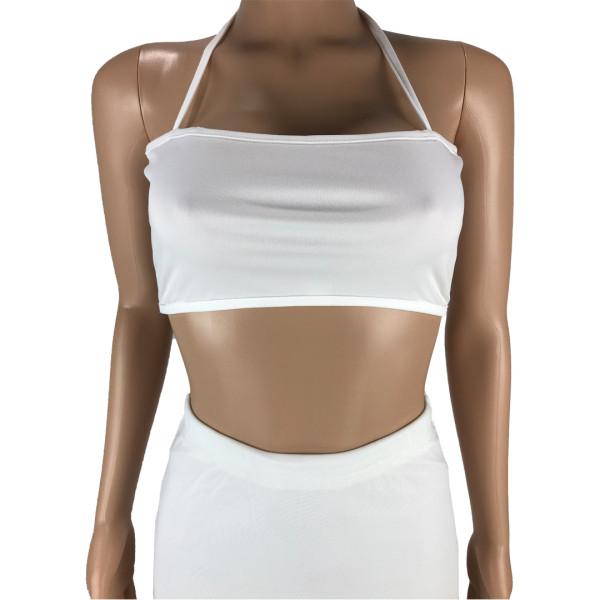 Fashion sexy solid color stitching mesh tube top strap wrap arm long skirt two-piece suit SM9175