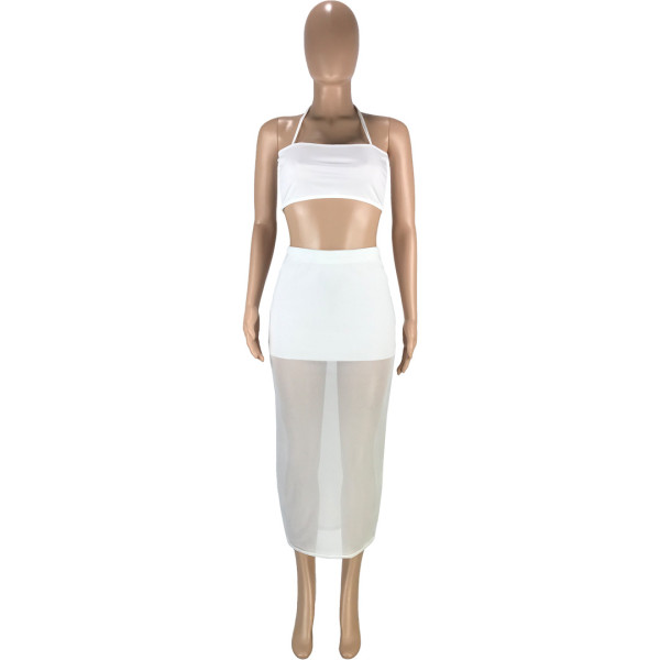 Fashion sexy solid color stitching mesh tube top strap wrap arm long skirt two-piece suit SM9175