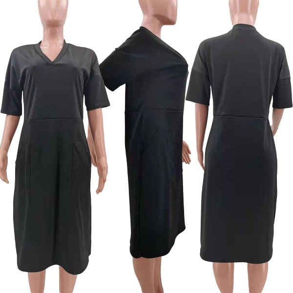 Sexy loose solid color V-neck casual dress TK6153