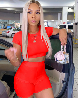 Fashion casual solid color round neck waistless slim short-sleeved T-shirt shorts sports two-piece suit SM9170