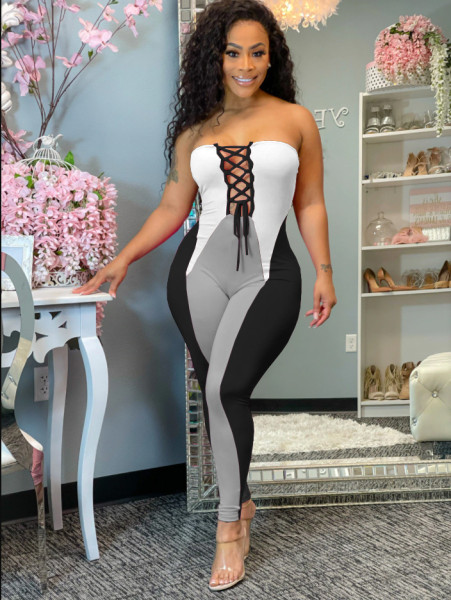 Fashion casual positioning printing stitching tube top strap jumpsuit HM6505
