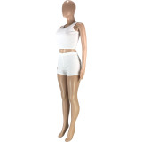 Fashion casual solid color pit strip round neck waist slim slim vest shorts sports two-piece suit SM9179