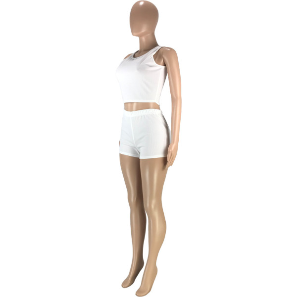 Fashion casual solid color pit strip round neck waist slim slim vest shorts sports two-piece suit SM9179