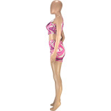 Fashion casual sexy solid color printed slim-fit shoulder strap vest shorts two-piece set SM9189