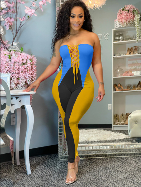 Fashion casual positioning printing stitching tube top strap jumpsuit HM6505