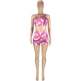 Fashion casual sexy solid color printed slim-fit shoulder strap vest shorts two-piece set SM9189