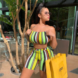Fashion casual sexy striped print nightclub style slim tube top shorts two-piece set SM9167