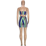 Fashion casual sexy striped print nightclub style slim tube top shorts two-piece set SM9167