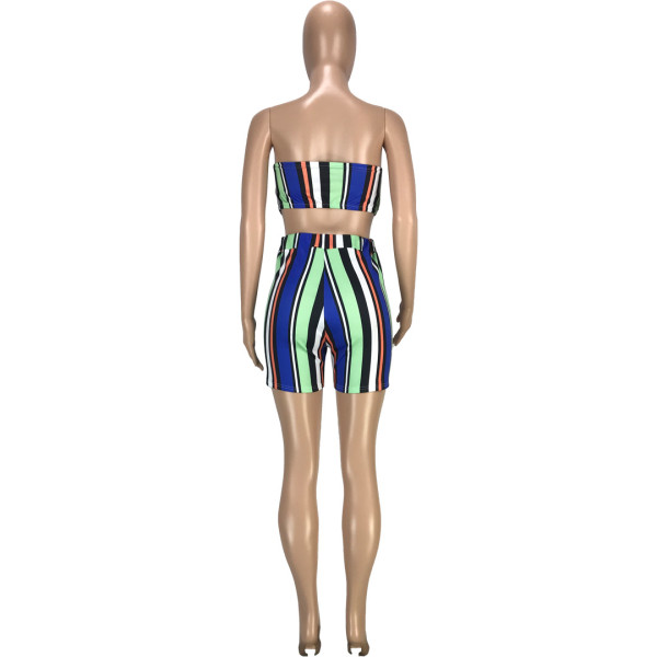 Fashion casual sexy striped print nightclub style slim tube top shorts two-piece set SM9167