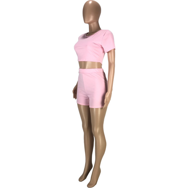 Fashion casual solid color round neck waistless slim short-sleeved T-shirt shorts sports two-piece suit SM9170